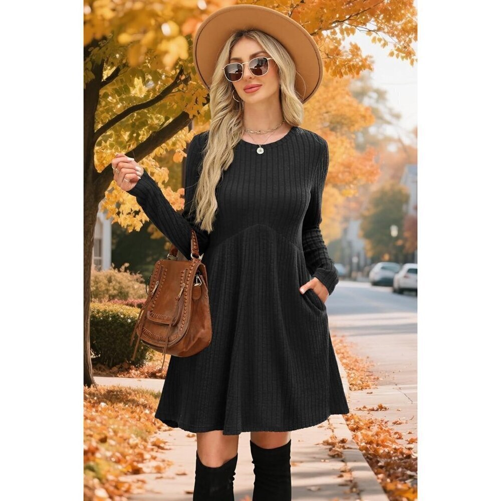 Women's Black Long Sleeve Empire Waist Winter Casual Tunic Dress with Pockets